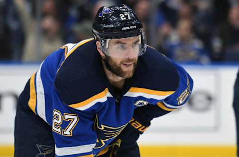 ST. LOUIS, MO – OCTOBER 25: St. Louis Blues defenseman Alex Pietrangelo (27) during a NHL game between the Columbus Blue Jackets and the St. Louis Blues on October 25, 2018, at Enterprise Center, St. Louis, MO. Columbus beat St. Louis 7-4. (Photo by Keith Gillett/Icon Sportswire via Getty Images)