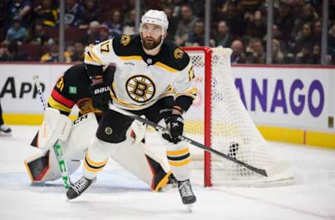 Feb 25, 2023; Vancouver, British Columbia, CAN; Boston Bruins forward Nick Foligno (17) looks upwards for the puck during the second period against the Vancouver Canucks at Rogers Arena. Mandatory Credit: Anne-Marie Sorvin-USA TODAY Sports