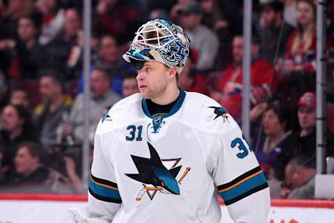 MONTREAL, QC – MARCH 21: Antti Niemi #31 of the San Jose Sharks skates during the NHL game against the Montreal Canadiens at the Bell Centre on March 21, 2015 in Montreal, Quebec, Canada. The Canadiens defeated the Sharks 2-0. (Photo by Richard Wolowicz/Getty Images)