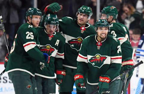 ST. PAUL, MN – JANUARY 13: Minnesota Wild Defenceman Matt Dumba (24) is all smiles after scoring his second goal of the night during a NHL game between the Minnesota Wild and Winnipeg Jets on January 13, 2018 at Xcel Energy Center in St. Paul, MN. The Wild defeated the Jets 4-1.(Photo by Nick Wosika/Icon Sportswire via Getty Images)