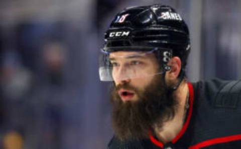 Feb 1, 2023; Buffalo, New York, USA; Carolina Hurricanes defenseman Brent Burns (8) waits for the face-off during the third period against the Buffalo Sabres at KeyBank Center. Mandatory Credit: Timothy T. Ludwig-USA TODAY Sports