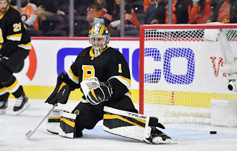 Bruins’ goalie Jeremy Swayman will most likely platoon with Linus Ullmark this week since the team has four games in seven days. Mandatory Credit: Eric Hartline-USA TODAY Sports