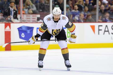 VANCOUVER, BC – MARCH 09: Vegas Golden Knights Defenceman Colin Miller (6) waits for a face-off during their NHL game against the Vancouver Canucks at Rogers Arena on March 9, 2019 in Vancouver, British Columbia, Canada. Vegas won 6-2. (Photo by Derek Cain/Icon Sportswire via Getty Images)