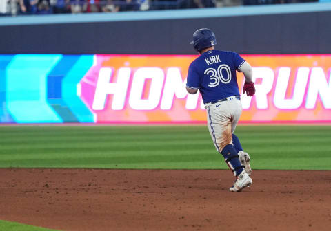 Apr 11, 2023; Toronto, Ontario, CAN; Toronto Blue Jays catcher Alejandro Kirk (30) runs the bases after hitting a three-run home run against the Detroit Tigers during the eighth inning at the Rogers Centre. Mandatory Credit: Nick Turchiaro-USA TODAY Sports