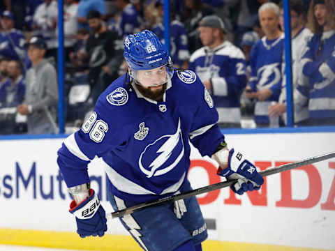 Jul 7, 2021; Tampa, Florida, USA; Tampa Bay Lightning right wing Nikita Kucherov (86) warms up before game five of the 2021 Stanley Cup Final against the Montreal Canadiens at Amalie Arena. Mandatory Credit: Kim Klement-USA TODAY Sports