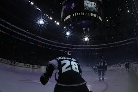 Nov 29, 2022; Los Angeles, California, USA; LA Kings center Jaret Anderson-Dolan (28) enters the ice in the third period against the Seattle Kraken at Crypto.com Arena. Mandatory Credit: Kirby Lee-USA TODAY Sports