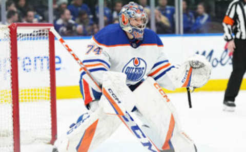 Mar 11, 2023; Toronto, Ontario, CAN; Edmonton Oilers goaltender Stuart Skinner (74) during the first period against the Toronto Maple Leafs at Scotiabank Arena. Mandatory Credit: Nick Turchiaro-USA TODAY Sports