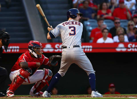 ANAHEIM, CA – JULY 20: Kyle Tucker #3 of the Houston Astros bats in the second inning during the MLB game against the Los Angeles Angels of Anaheim at Angel Stadium on July 20, 2018 in Anaheim, California. The Astros defeated the Angels 3-1. (Photo by Victor Decolongon/Getty Images)