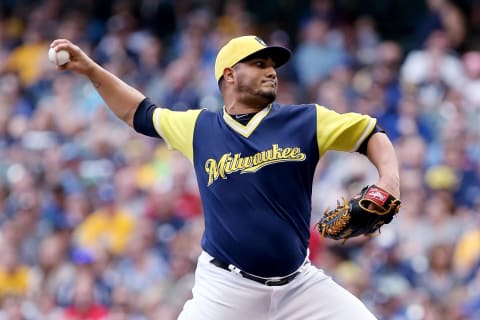 MILWAUKEE, WI – AUGUST 25: Jhoulys Chacin #45 of the Milwaukee Brewers pitches in the first inning against the Pittsburgh Pirates at Miller Park on August 25, 2018 in Milwaukee, Wisconsin. Players are wearing special jerseys with their nicknames on them during Players’ Weekend. (Photo by Dylan Buell/Getty Images)