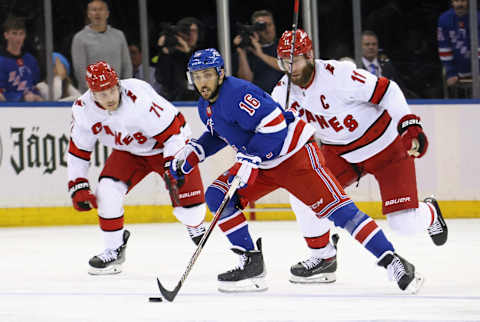 NEW YORK, NEW YORK – JANUARY 03: Vincent Trocheck #16 of the New York Rangers carries the puck against the Carolina Hurricanes during the second period at Madison Square Garden on January 03, 2023, in New York City. (Photo by Bruce Bennett/Getty Images )