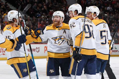 OTTAWA, ON – DECEMBER 17: Roman Josi #59 of the Nashville Predators celebrates his second period goal against the Ottawa Senators with teammates Craig Smith #15, Ryan Ellis #4 and Ryan Johansen #92 at Canadian Tire Centre on December 17, 2018 in Ottawa, Ontario, Canada. (Photo by Andre Ringuette/NHLI via Getty Images)