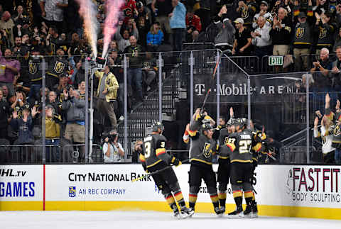 LAS VEGAS, NEVADA – OCTOBER 12: Mark Stone #61 of the Vegas Golden Knights celebrates after scoring a goal during the second period against the Calgary Flames at T-Mobile Arena on October 12, 2019 in Las Vegas, Nevada. (Photo by Jeff Bottari/NHLI via Getty Images)