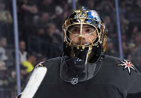 LAS VEGAS, NEVADA – SEPTEMBER 29: Marc-Andre Fleury #29 of the Vegas Golden Knights takes a break during a stop in play in the third period of a preseason game against the San Jose Sharks at T-Mobile Arena on September 29, 2019 in Las Vegas, Nevada. The Golden Knights defeated the Sharks 5-1. (Photo by Ethan Miller/Getty Images)