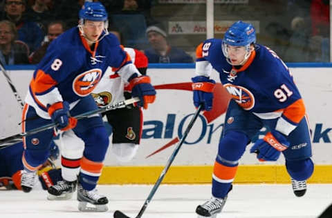 UNIONDALE, NY – FEBRUARY 14: John Taveras #91 of the New York Islanders skates against the Ottawa Senators. (Photo by Mike Stobe/NHLI via Getty Images)