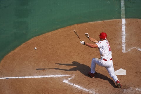 16 Apr 2000: Scott Rolen #17 of the Philadelphia Phillies hits the ball during the game against the Montreal Expos at the Veterans Stadium in Philadelphia, Pennsylvania. The Phillies defeated the Expos 5-4.