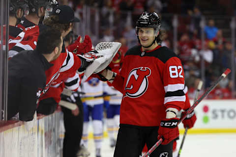 New Jersey Devils defenseman Nikita Okhotiuk (82): Ed Mulholland-USA TODAY Sports