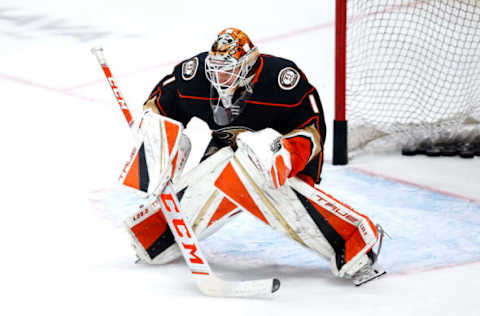 ANAHEIM, CALIFORNIA – DECEMBER 15: Lukas Dostal #1 of the Anaheim Ducks warms up prior to a game against the Seattle Kraken at Honda Center on December 15, 2021 in Anaheim, California. (Photo by Sean M. Haffey/Getty Images)