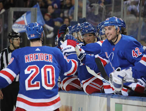 NEW YORK, NEW YORK – JANUARY 31: Chris Kreider #20 of the New York Rangers celebrates his second period goal against the Detroit Red Wings at Madison Square Garden on January 31, 2020 in New York City. (Photo by Bruce Bennett/Getty Images)