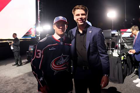 NASHVILLE, TENNESSEE – JUNE 29: (L-R) Gavin Brindley poses with Adam Fantilli after being selected 34th overall pick by the Columbus Blue Jackets during the 2023 Upper Deck NHL Draft at Bridgestone Arena on June 29, 2023 in Nashville, Tennessee. (Photo by Bruce Bennett/Getty Images)