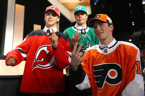 Nico Hischier, Miro Heiskanen, and Nolan Patrick (Photo by Bruce Bennett/Getty Images)