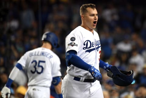 Joc Pederson, with two simulated home runs for the Dodgers on opening weekend. (Photo by Harry How/Getty Images)