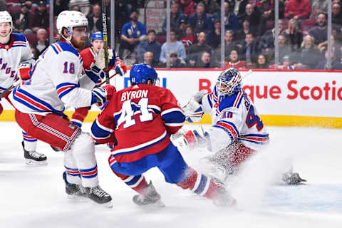 MONTREAL, QC – FEBRUARY 27: Goaltender Alexandar Georgiev #40 of the New York Rangers defends his net near Paul Byron #41 of the Montreal Canadiens during the second period at the Bell Centre on February 27, 2020 in Montreal, Canada. (Photo by Minas Panagiotakis/Getty Images)