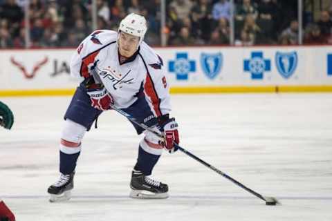 Feb 11, 2016; Saint Paul, MN, USA; Washington Capitals defenseman Dmitry Orlov (9) against the Minnesota Wild at Xcel Energy Center. The Capitals defeated the Wild 4-3. Mandatory Credit: Brace Hemmelgarn-USA TODAY Sports