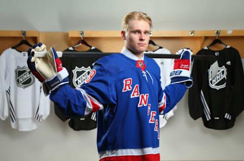 VANCOUVER, BRITISH COLUMBIA – JUNE 21: Kaapo Kakko, second overall pick by the New York Rangers, poses for a portrait during the first round of the 2019 NHL Draft at Rogers Arena on June 21, 2019 in Vancouver, Canada. (Photo by Andre Ringuette/NHLI via Getty Images)