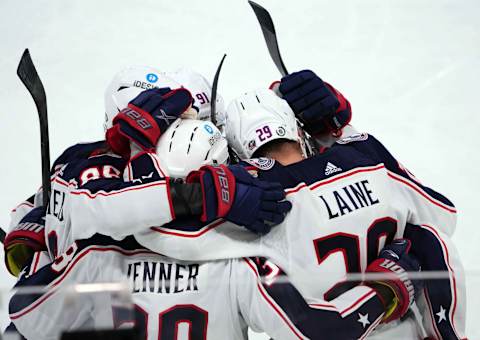 Feb 19, 2023; Tempe, Arizona, USA; Columbus Blue Jackets left wing Patrik Laine (29) celebrates a goal against the Arizona Coyotes during the third period at Mullett Arena. Mandatory Credit: Joe Camporeale-USA TODAY Sports