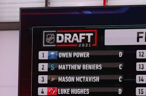 SECAUCUS, NEW JERSEY – JULY 23: A partial list of the draft picks during the first round of the 2021 NHL Entry Draft at the NHL Network studios on July 23, 2021 in Secaucus, New Jersey. (Photo by Bruce Bennett/Getty Images)