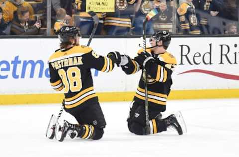 BOSTON, MA – JANUARY 17: David Pastrnak #88 and Torey Krug #47 of the Boston Bruins warm up before the game against the St. Louis Blues at the TD Garden on January 17, 2019 in Boston, Massachusetts. (Photo by Steve Babineau/NHLI via Getty Images)