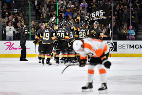 LAS VEGAS, NEVADA – JANUARY 02: The Vegas Golden Knights celebrate after defeating the Philadelphia Flyers at T-Mobile Arena on January 02, 2020 in Las Vegas, Nevada. (Photo by Jeff Bottari/NHLI via Getty Images)