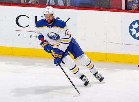 SUNRISE, FL – APRIL 4: Jordan Greenway #12 of the Buffalo Sabres skates prior to the game against the Florida Panthers at the FLA Live Arena on April 4, 2023 in Sunrise, Florida. (Photo by Joel Auerbach/Getty Images)