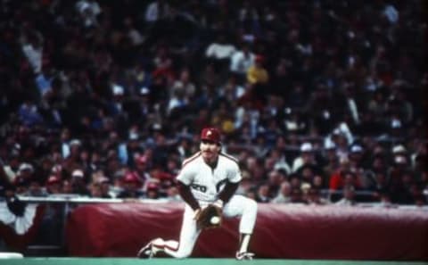 Mike Schmidt during the 1980 World Series against Kansas City. (Photo by Rich Pilling/Getty Images)