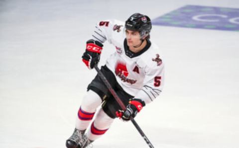 KITCHENER, ONTARIO – MARCH 23: Denton Mateychuk #5 of Team White skates during morning skate prior to the 2022 CHL/NHL Top Prospects Game at Kitchener Memorial Auditorium on March 23, 2022 in Kitchener, Ontario. (Photo by Chris Tanouye/Getty Images)