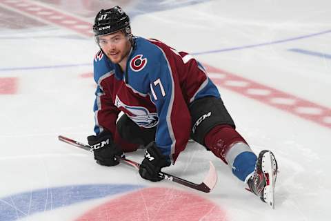 DENVER, CO – MARCH 5: Tyson Jost #17 of the Colorado Avalanche stretches prior to the game against the Detroit Red Wings at the Pepsi Center on March 5, 2019 in Denver, Colorado. (Photo by Michael Martin/NHLI via Getty Images)