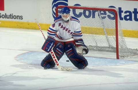 18 Apr 1998: Goaltender Dan Cloutier of the New York Rangers in action during a game against the Philadelphia Flyers at the Corestates Center in Philadelphia, Pennsylvania. The Rangers defeated the Flyers 2-1. Mandatory Credit: Craig Melvin /Allsport