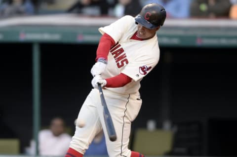 May 3, 2016; Cleveland, OH, USA; Cleveland Indians left fielder Michael Brantley (23) hits an RBI single during the third inning against the Detroit Tigers at Progressive Field. Mandatory Credit: Ken Blaze-USA TODAY Sports