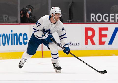 VANCOUVER, BC – MARCH 04: Pierre Engvall #47 of the Toronto Maple Leafs . (Photo by Rich Lam/Getty Images)