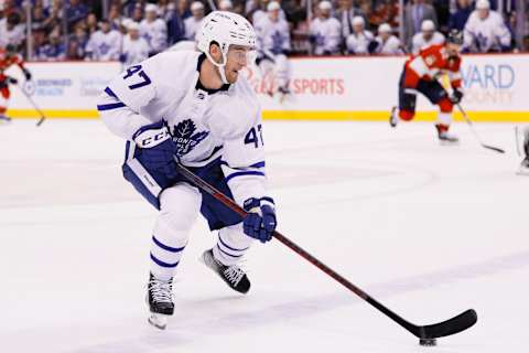 Apr 23, 2022; Sunrise, Florida, USA; Toronto Maple Leafs left wing Pierre Engvall (47) moves the puck during the third period against the Florida Panthers at FLA Live Arena. Mandatory Credit: Sam Navarro-USA TODAY Sports