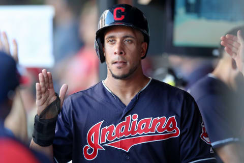 CLEVELAND, OH – SEPTEMBER 15: Cleveland Indians left fielder Michael Brantley (23) is congratulated by teammates after scoring a run during the fourth inning of the Major League Baseball game between the Detroit Tigers and Cleveland Indians on September 15, 2018, at Progressive Field in Cleveland, OH. (Photo by Frank Jansky/Icon Sportswire via Getty Images)