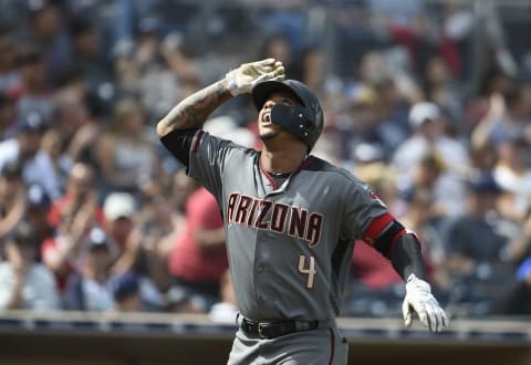 SAN DIEGO, CA – SEPTEMBER 30: Kettel Marte #4 of the Arizona Diamondbacks looks skyward after hitting a solo home run during the fourth inning of a baseball game against the San Diego Padres at PETCO Park on September 30, 2018 in San Diego, California. (Photo by Deenis Poroy/Getty Images)