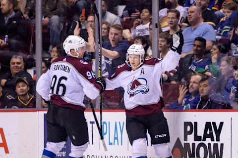 VANCOUVER, BC – NOVEMBER 02: Colorado Avalanche Center Nathan MacKinnon (29) celebrates a goal with Right Wing Mikko Rantanen (96) during their NHL game against the Vancouver Canucks at Rogers Arena on November 2, 2018 in Vancouver, British Columbia, Canada. (Photo by Derek Cain/Icon Sportswire via Getty Images)