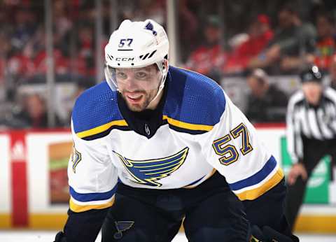 David Perron of the St. Louis Blues skates against the New Jersey Devils at the Prudential Center on March 06, 2020 in Newark, New Jersey.