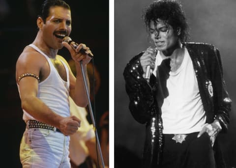 In this photo composite Freddie Mercury and Michael Jackson both perform on stage at the height of their fame.