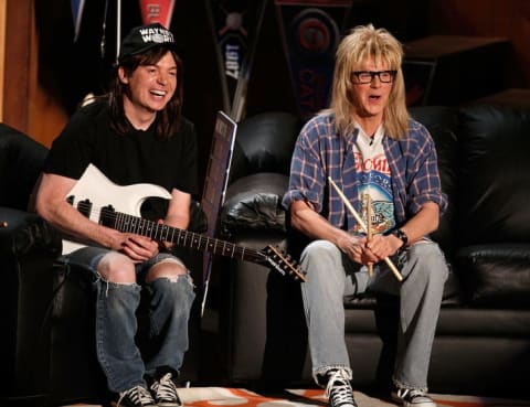 Mike Myers and Dana Carvey as Wayne and Garth from Wayne's World during the 17th annual MTV Movie Awards in 2008.