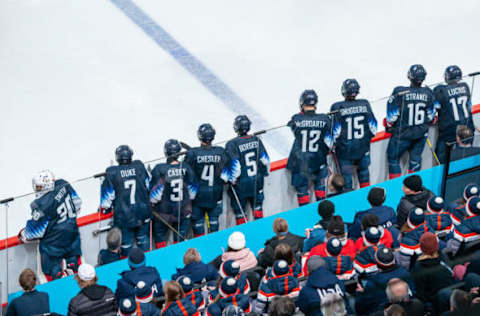 LAUSANNE, SWITZERLAND – JANUARY 21: Team USA looks on during the Men’s 6-Team Tournament Semifinals Game between the United States and Canada of the Lausanne 2020 Winter Youth Olympics on January 21, 2020, in Lausanne, Switzerland. (Photo by RvS.Media/Robert Hradil/Getty Images)