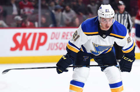 MONTREAL, QC – OCTOBER 17: Look on St. Louis Blues center Tyler Bozak (21) during the St. Louis Blues versus the Montreal Canadiens game on October 17, 2018, at Bell Centre in Montreal, QC (Photo by David Kirouac/Icon Sportswire via Getty Images)