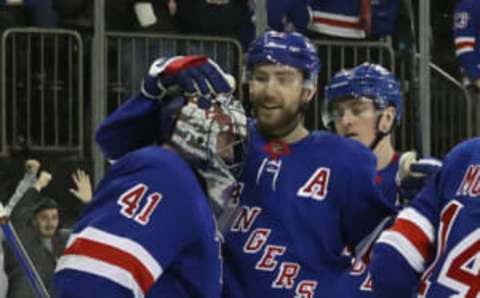 NEW YORK, NEW YORK – MARCH 19: Jaroslav Halak #41 and Barclay Goodrow #21 of the New York Rangers celebrate a 7-0 victory over the Nashville Predators at Madison Square Garden on March 19, 2023, in New York City. (Photo by Bruce Bennett/Getty Images)