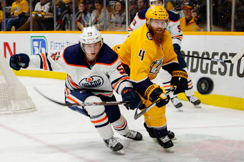 NASHVILLE, TENNESSEE – MARCH 02: Ryan Ellis #4 of the Nashville Predators . (Photo by Frederick Breedon/Getty Images)